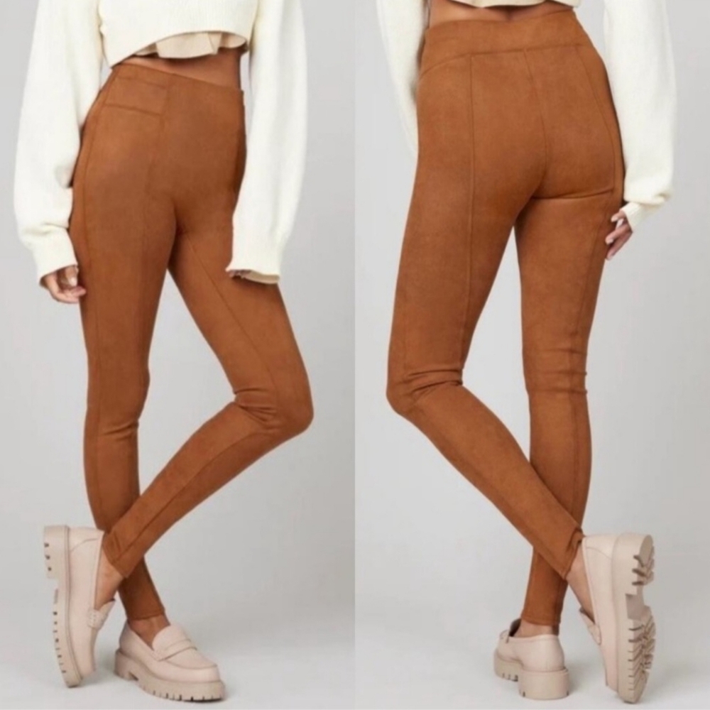 Spanx faux suede Leggings Pants high-waisted seamed caramel Sz XL Tummy Control